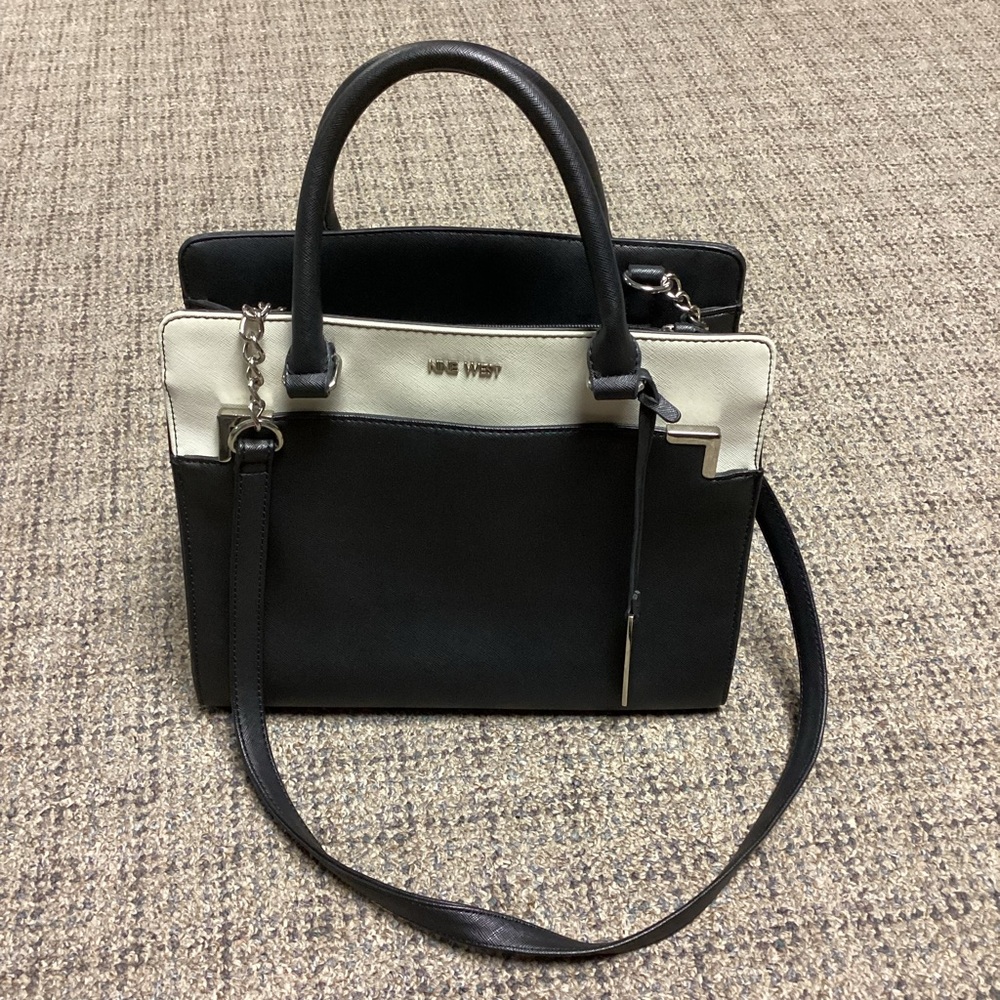 Nine West Black Cream with Silver Chains Shoulder Crossbody Hand Bag Purse